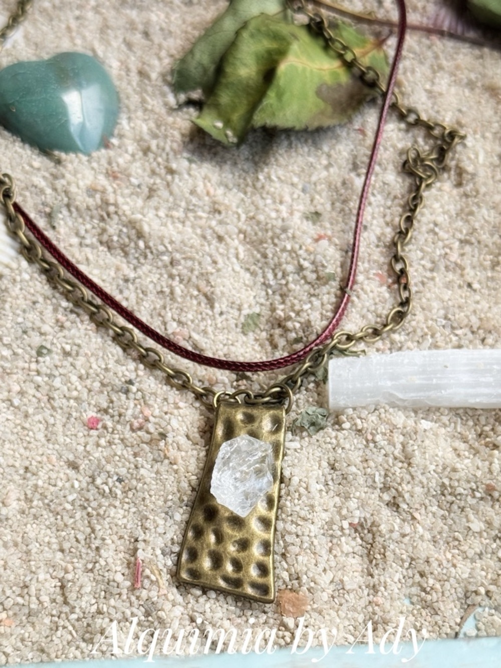 LAYERED Brass Pendant Necklace with RAW Clear QUARTZ and Burgundy Cord